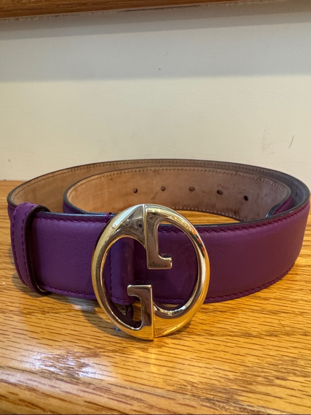 Gucci Purple Leather Belt with Gold Double G Buckle